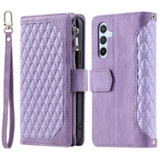For Samsung Galaxy S25+ 5G Grid Texture Zipper Leather Phone Case with Lanyard(Purple)