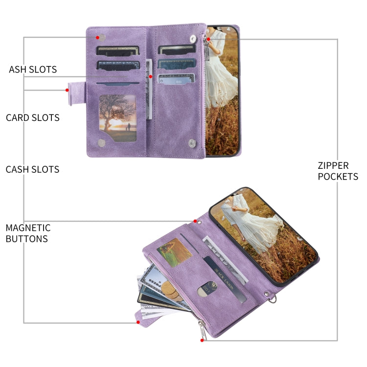 For Samsung Galaxy S25+ 5G Grid Texture Zipper Leather Phone Case with Lanyard(Purple)