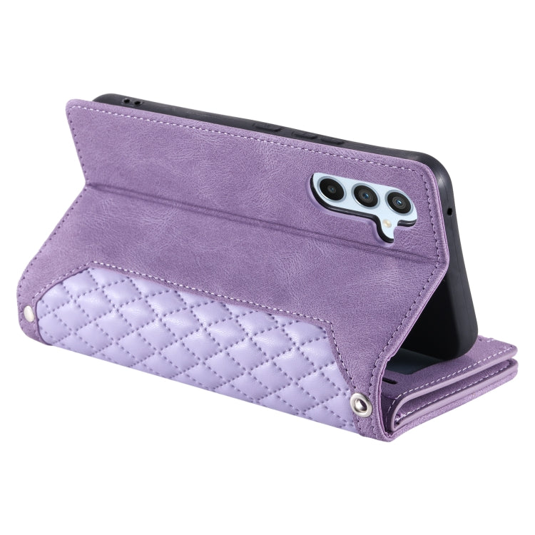 For Samsung Galaxy S25+ 5G Grid Texture Zipper Leather Phone Case with Lanyard(Purple)
