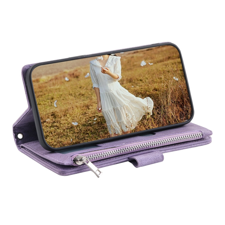 For Samsung Galaxy S25+ 5G Grid Texture Zipper Leather Phone Case with Lanyard(Purple)
