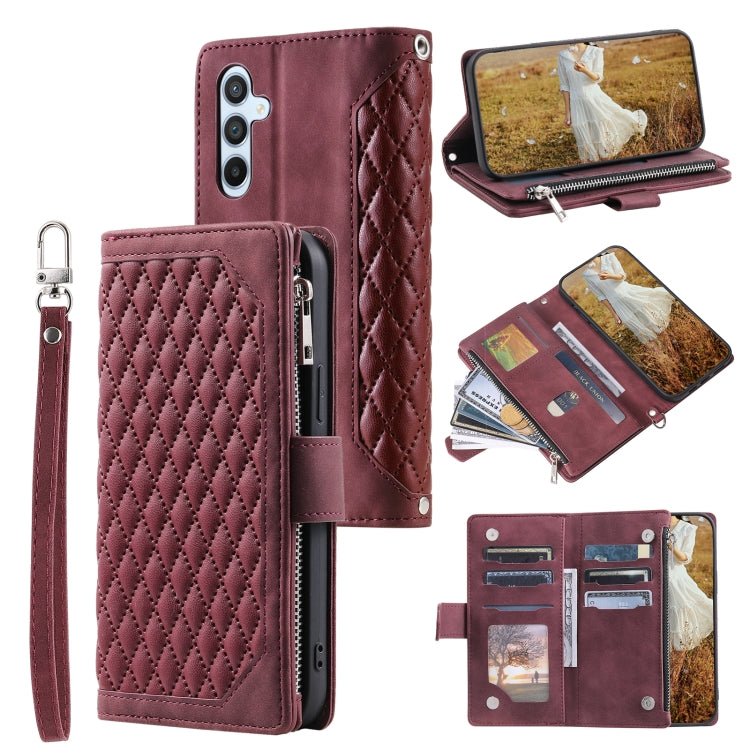 For Samsung Galaxy S25+ 5G Grid Texture Zipper Leather Phone Case with Lanyard(Wine Red)