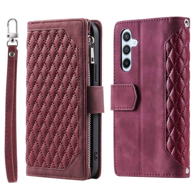 For Samsung Galaxy S25+ 5G Grid Texture Zipper Leather Phone Case with Lanyard(Wine Red)