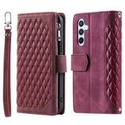 For Samsung Galaxy S25+ 5G Grid Texture Zipper Leather Phone Case with Lanyard(Wine Red)