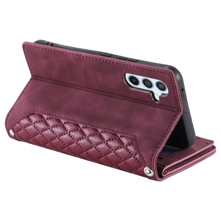 For Samsung Galaxy S25+ 5G Grid Texture Zipper Leather Phone Case with Lanyard(Wine Red)