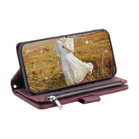 For Samsung Galaxy S25+ 5G Grid Texture Zipper Leather Phone Case with Lanyard(Wine Red)