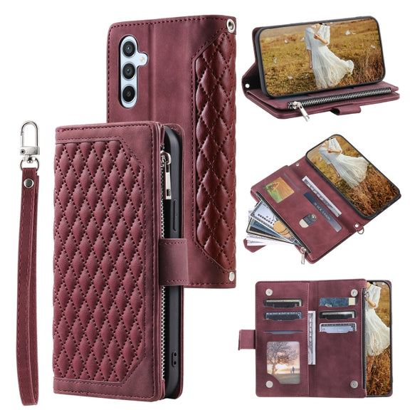 For Samsung Galaxy S25+ 5G Grid Texture Zipper Leather Phone Case with Lanyard(Wine Red)