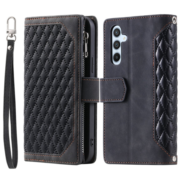 For Samsung Galaxy S25+ 5G Grid Texture Zipper Leather Phone Case with Lanyard(Black)