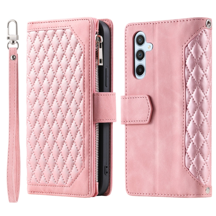 For Samsung Galaxy S25+ 5G Grid Texture Zipper Leather Phone Case with Lanyard(Rose Gold)