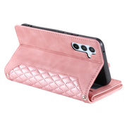For Samsung Galaxy S25+ 5G Grid Texture Zipper Leather Phone Case with Lanyard(Rose Gold)