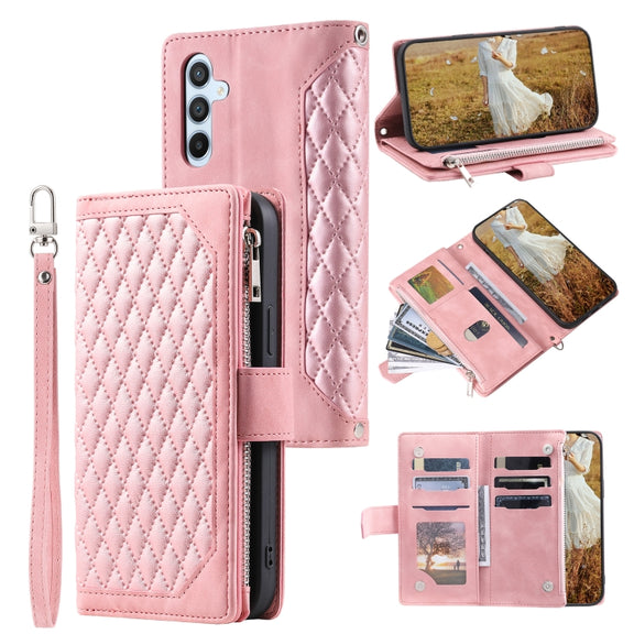 For Samsung Galaxy S25+ 5G Grid Texture Zipper Leather Phone Case with Lanyard(Rose Gold)