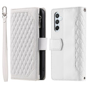 For Samsung Galaxy S25+ 5G Grid Texture Zipper Leather Phone Case with Lanyard(White)