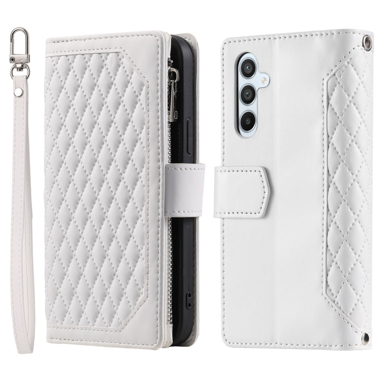 For Samsung Galaxy S25+ 5G Grid Texture Zipper Leather Phone Case with Lanyard(White)