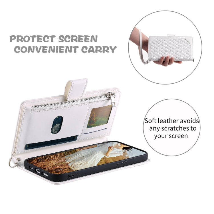 For Samsung Galaxy S25+ 5G Grid Texture Zipper Leather Phone Case with Lanyard(White)