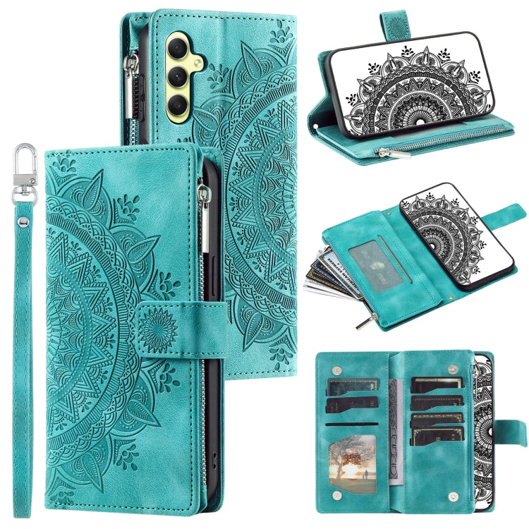 For Samsung Galaxy S25 5G Multi-Card Totem Zipper Leather Phone Case(Green)