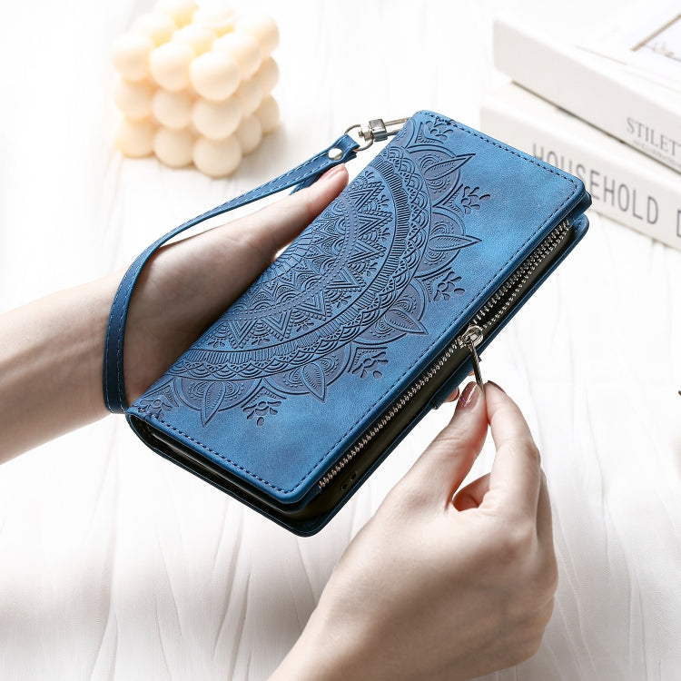 For Samsung Galaxy S25 5G Multi-Card Totem Zipper Leather Phone Case(Blue)