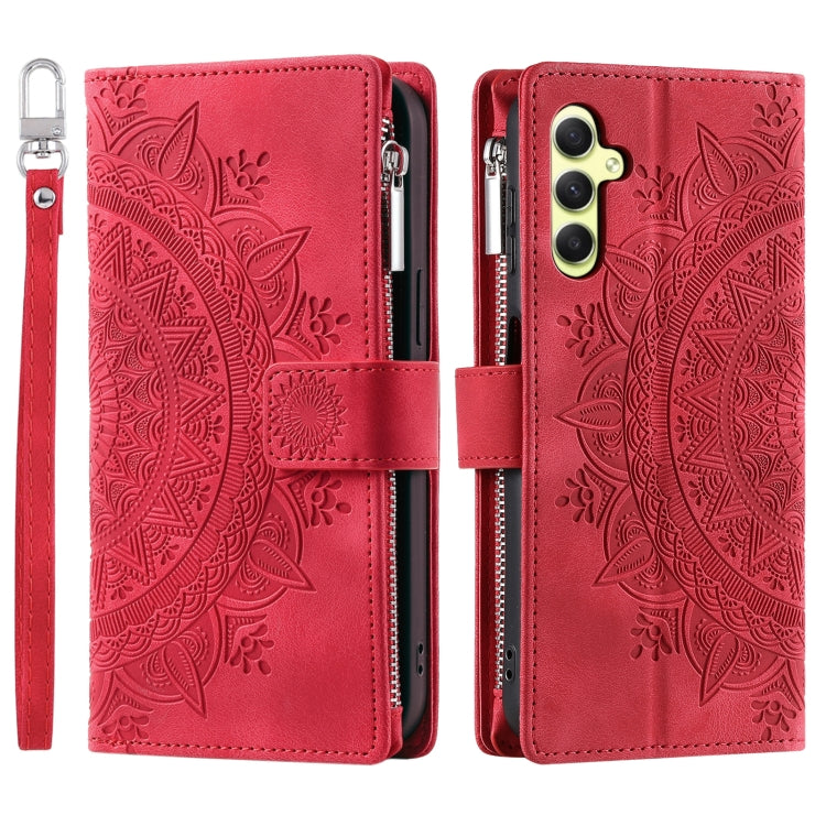 For Samsung Galaxy S25 5G Multi-Card Totem Zipper Leather Phone Case(Red)