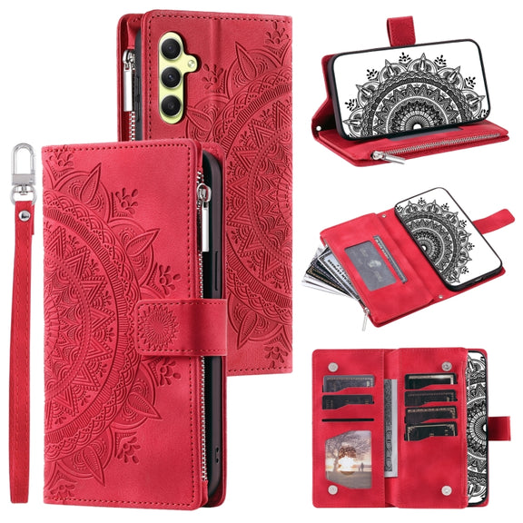 For Samsung Galaxy S25 5G Multi-Card Totem Zipper Leather Phone Case(Red)