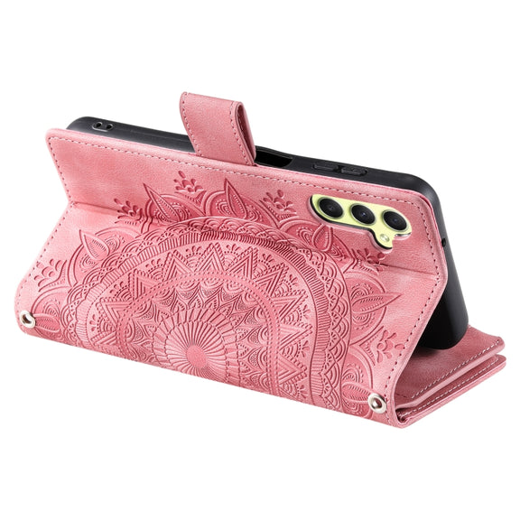 For Samsung Galaxy S25 5G Multi-Card Totem Zipper Leather Phone Case(Pink)