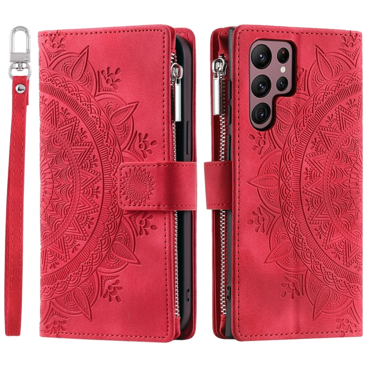 For Samsung Galaxy S25 Ultra 5G Multi-Card Totem Zipper Leather Phone Case(Red)