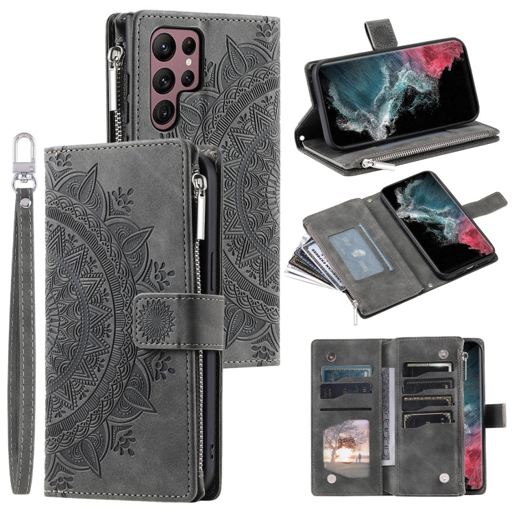 For Samsung Galaxy S25 Ultra 5G Multi-Card Totem Zipper Leather Phone Case(Grey)