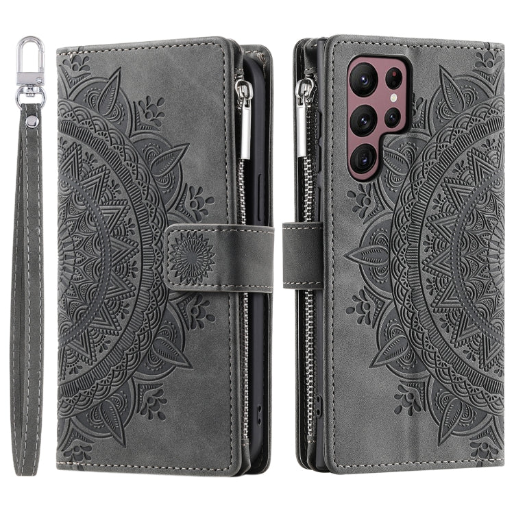 For Samsung Galaxy S25 Ultra 5G Multi-Card Totem Zipper Leather Phone Case(Grey)