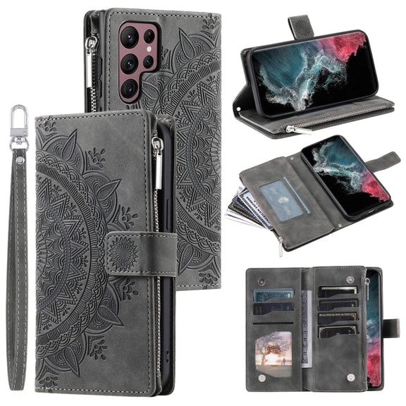For Samsung Galaxy S25 Ultra 5G Multi-Card Totem Zipper Leather Phone Case(Grey)