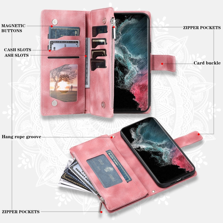 For Samsung Galaxy S25 Ultra 5G Multi-Card Totem Zipper Leather Phone Case(Pink)