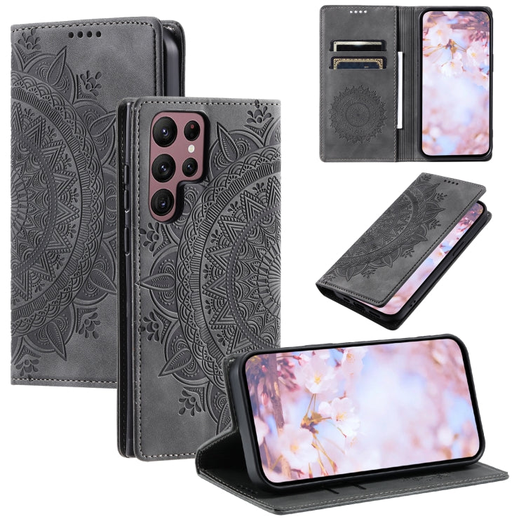 For Samsung Galaxy S25 Ultra 5G Totem Embossed Magnetic Leather Phone Case(Grey)