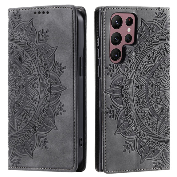 For Samsung Galaxy S25 Ultra 5G Totem Embossed Magnetic Leather Phone Case(Grey)