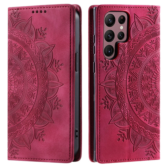 For Samsung Galaxy S25 Ultra 5G Totem Embossed Magnetic Leather Phone Case(Red)