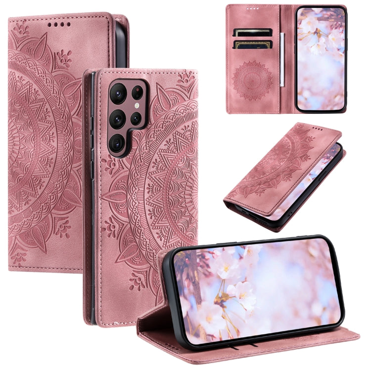 For Samsung Galaxy S25 Ultra 5G Totem Embossed Magnetic Leather Phone Case(Rose Gold)
