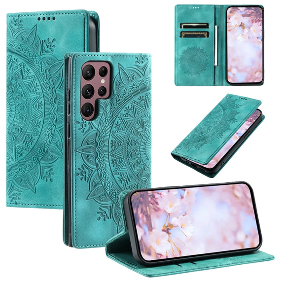 For Samsung Galaxy S25 Ultra 5G Totem Embossed Magnetic Leather Phone Case(Green)