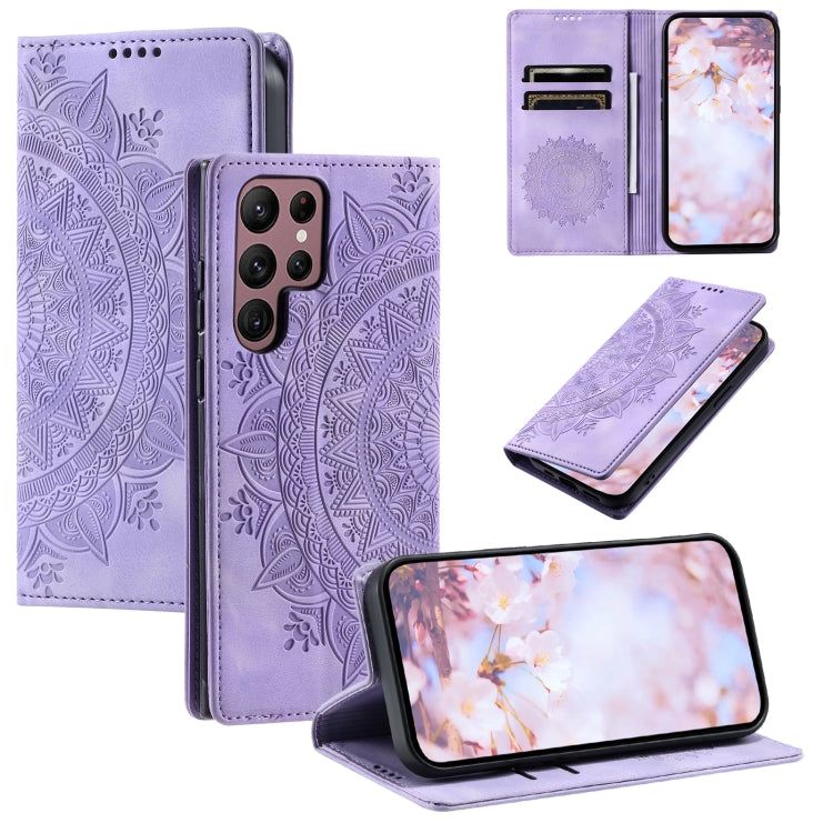 For Samsung Galaxy S25 Ultra 5G Totem Embossed Magnetic Leather Phone Case(Purple)