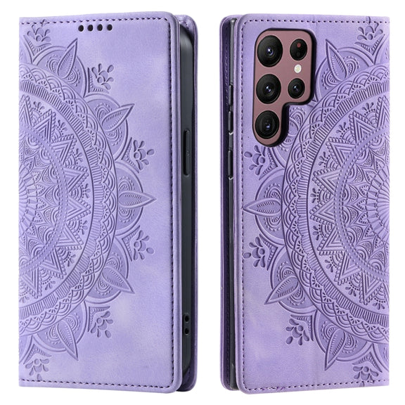 For Samsung Galaxy S25 Ultra 5G Totem Embossed Magnetic Leather Phone Case(Purple)