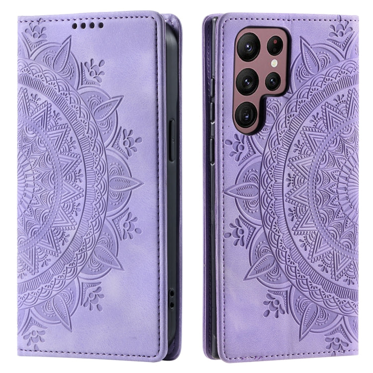 For Samsung Galaxy S25 Ultra 5G Totem Embossed Magnetic Leather Phone Case(Purple)