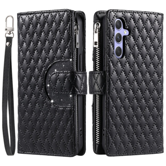 For Samsung Galaxy S25 5G Glitter Lattice Zipper Wallet Leather Phone Case(Black)