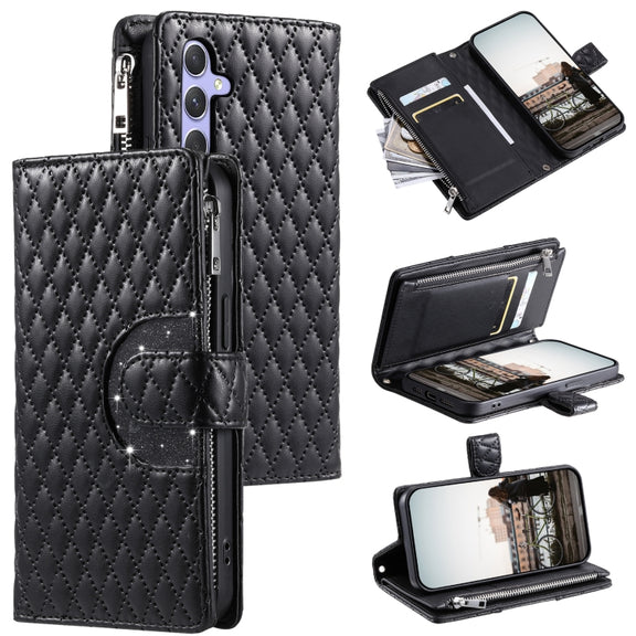 For Samsung Galaxy S25 5G Glitter Lattice Zipper Wallet Leather Phone Case(Black)