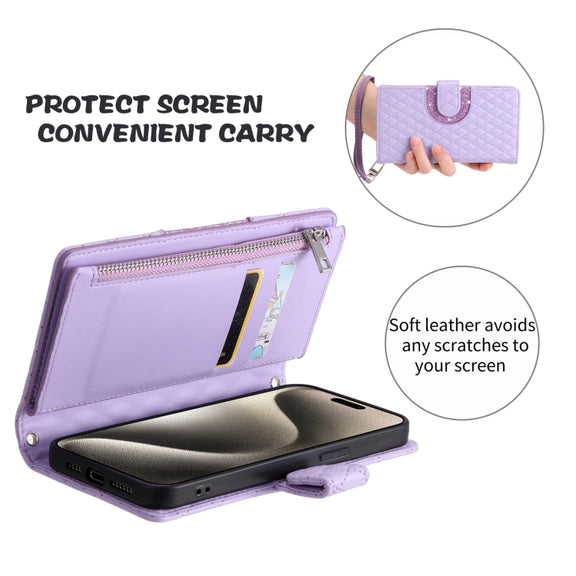 For Samsung Galaxy S25 5G Glitter Lattice Zipper Wallet Leather Phone Case(Purple)