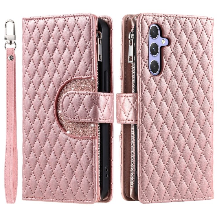For Samsung Galaxy S25+ 5G Glitter Lattice Zipper Wallet Leather Phone Case(Rose Gold)