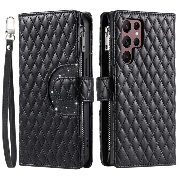 For Samsung Galaxy S25 Ultra 5G Glitter Lattice Zipper Wallet Leather Phone Case(Black)
