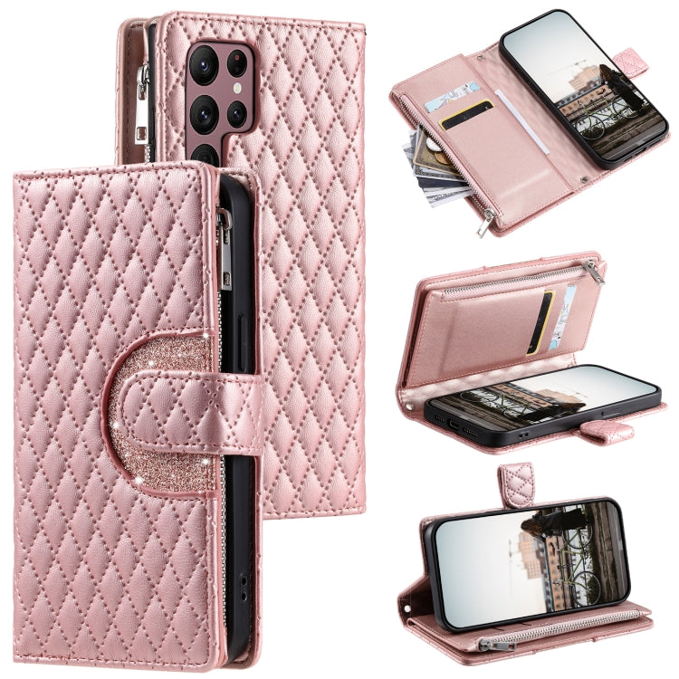 For Samsung Galaxy S25 Ultra 5G Glitter Lattice Zipper Wallet Leather Phone Case(Rose Gold)