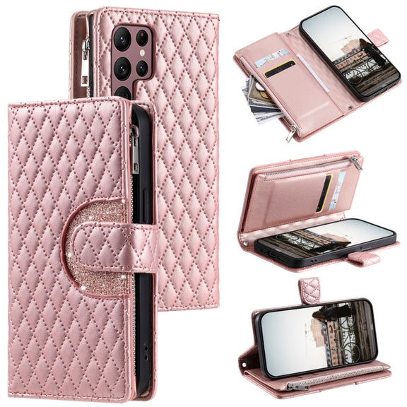 For Samsung Galaxy S25 Ultra 5G Glitter Lattice Zipper Wallet Leather Phone Case(Rose Gold)