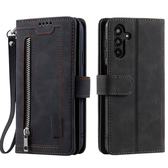 For Samsung Galaxy S25 5G Nine Card Zipper Bag Leather Phone Case with Lanyard(Black)