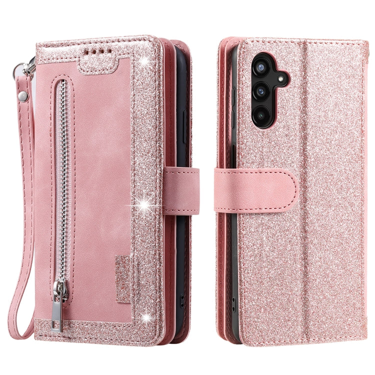 For Samsung Galaxy S25 5G Nine Card Zipper Bag Leather Phone Case with Lanyard(Pink)