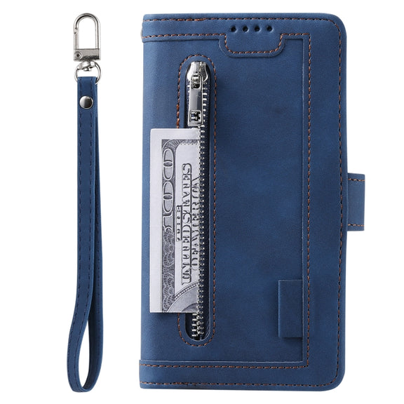 For Samsung Galaxy S25+ 5G Nine Card Zipper Bag Leather Phone Case with Lanyard(Blue)