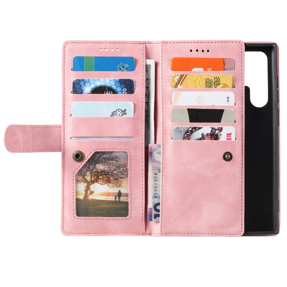 For Samsung Galaxy S25 Ultra 5G Nine Card Zipper Bag Leather Phone Case with Lanyard(Pink)