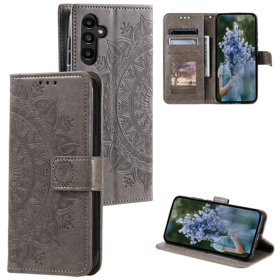 For Samsung Galaxy S25 5G Totem Flower Embossed Leather Phone Case(Grey)