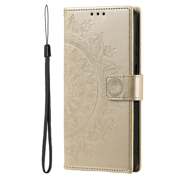 For Samsung Galaxy S25 Ultra 5G Totem Flower Embossed Leather Phone Case with Lanyard(Gold)