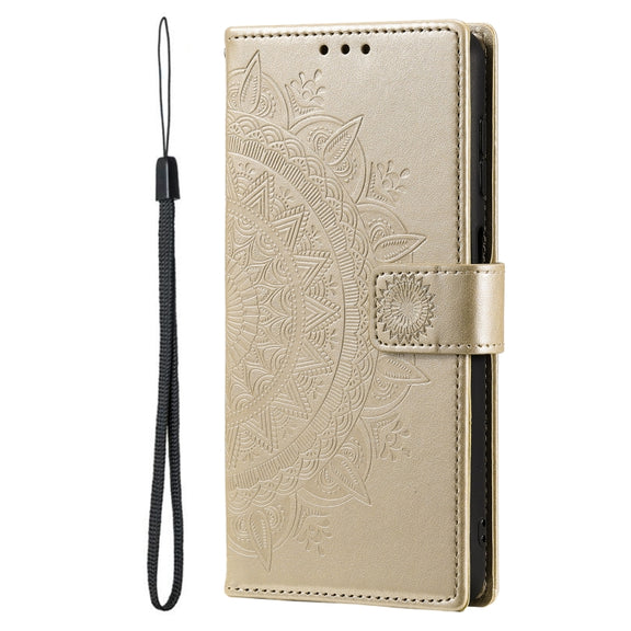 For Samsung Galaxy S25 Ultra 5G Totem Flower Embossed Leather Phone Case with Lanyard(Gold)