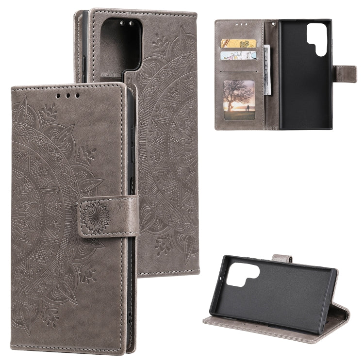 For Samsung Galaxy S25 Ultra 5G Totem Flower Embossed Leather Phone Case(Grey)
